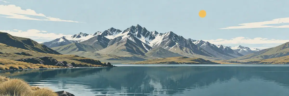 Screen-print illustration of Lake Clearwater in the Hakatere high-country basin, Ashburton District
