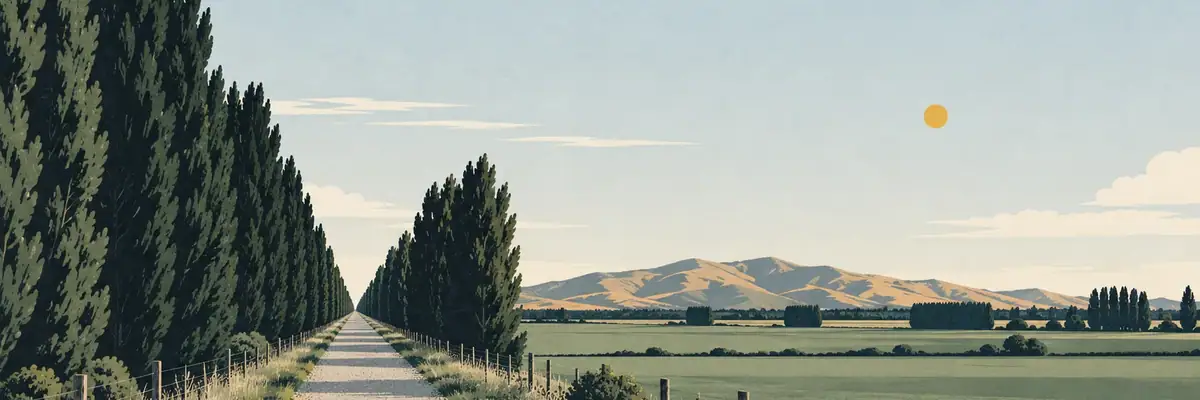 Screen-print illustration of the Little River Rail Trail running across the Canterbury Plains at Prebbleton