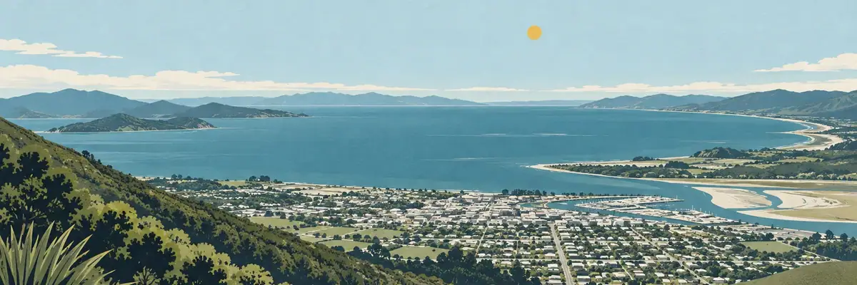 Screen-print illustration of Tasman Bay from the Centre of New Zealand hill, Nelson