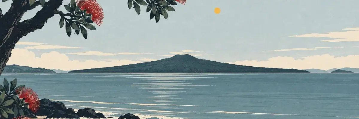 Screen-print illustration of Rangitoto Island across the Hauraki Gulf, Auckland