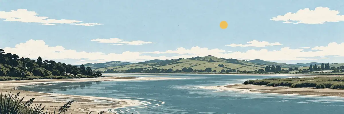 Screen-print illustration of the Kaipara River beside Helensville