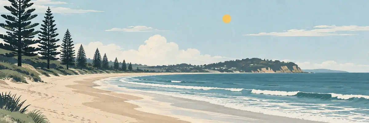 Screen-print illustration of the long sandy sweep and Norfolk pines of Ōrewa Beach, Hibiscus Coast