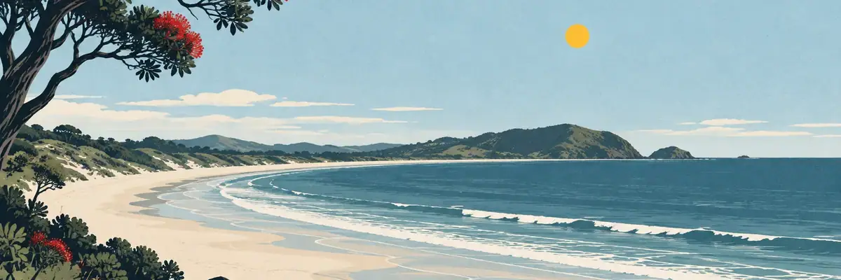 Screen-print illustration of the long sweep of Ōhope Beach