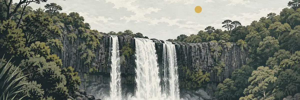 Screen-print illustration of the 26-metre cascade over basalt cliffs at Whangārei Falls
