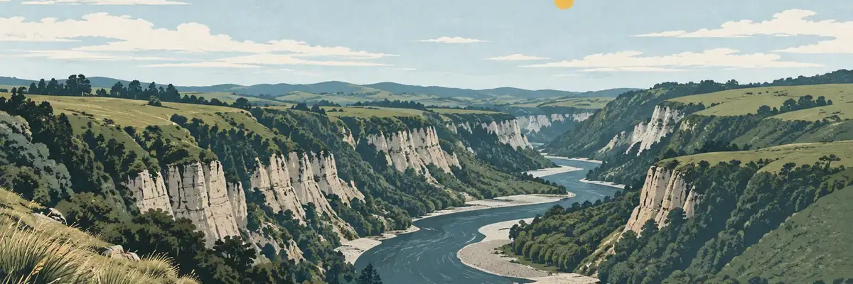 Screen-print illustration of Rangitīkei River gorge