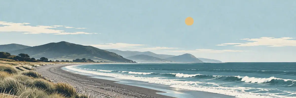 Screen-print illustration of Amberley Beach and the open Pegasus Bay coast