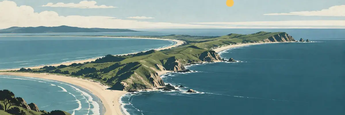 Screen-print illustration of the long, green Māhia Peninsula extending into the Pacific, Hawke's Bay