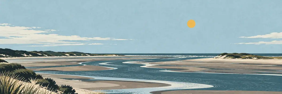 Screen-print illustration of Manawatū River Estuary, Foxton Beach