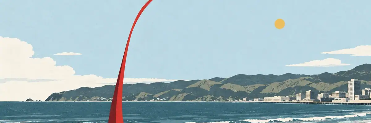 Screen-print illustration of the red Wind Wand on the Coastal Walkway, New Plymouth