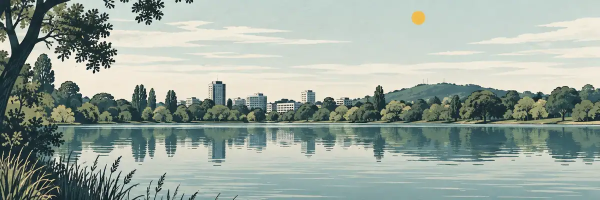 Screen-print illustration of the calm waters and green shoreline of Hamilton Lake