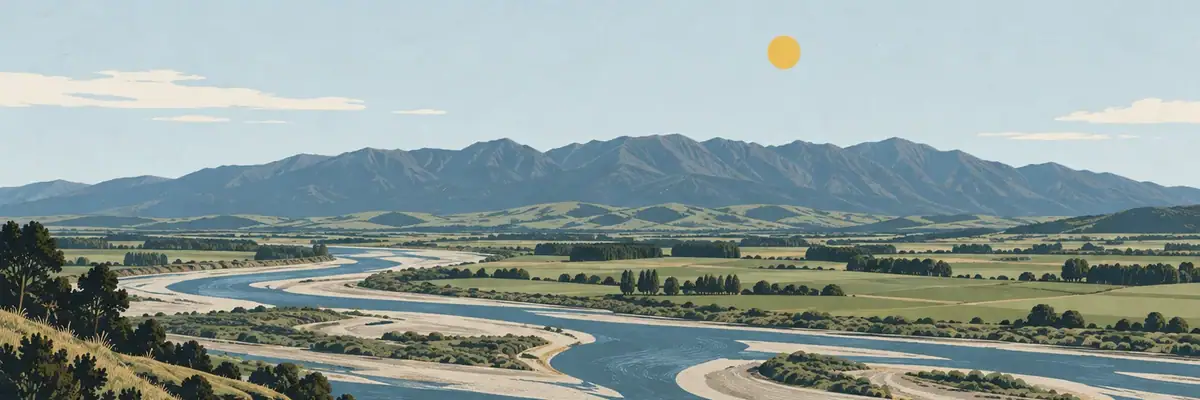Screen-print illustration of the broad Manawatū River plain beneath the Ruahine ranges, Manawatū-Whanganui