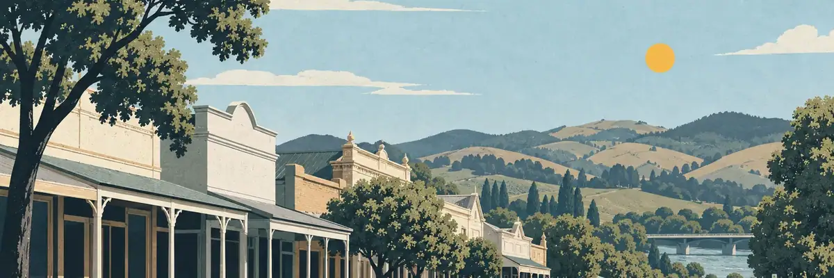 Screen-print illustration of the heritage streetscape of New Zealand’s oldest inland European settlement, Waipāwa
