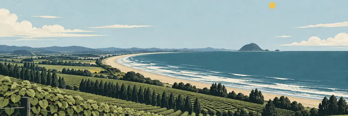 Screen-print illustration of kiwifruit orchards running down to the Bay of Plenty coast