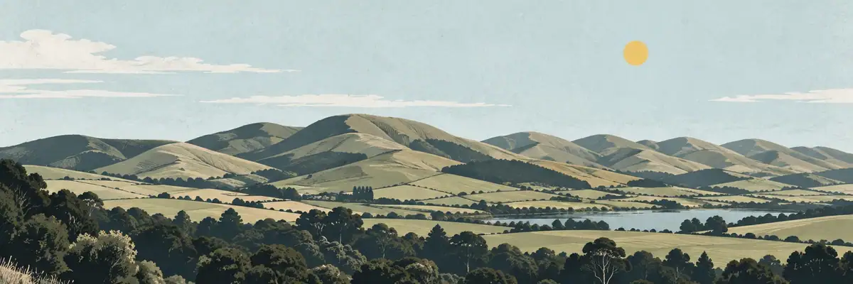 Screen-print illustration of Hokonui Hills, Gore District