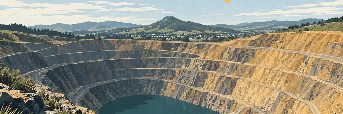 Screen-print illustration of the vast open pit at Martha Mine in central Waihī