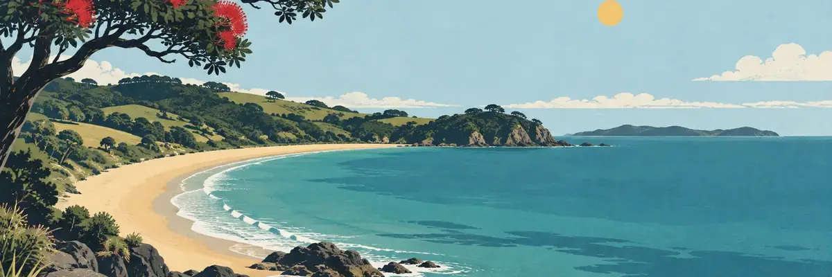 Screen-print illustration of the golden crescent of Cable Bay on Doubtless Bay