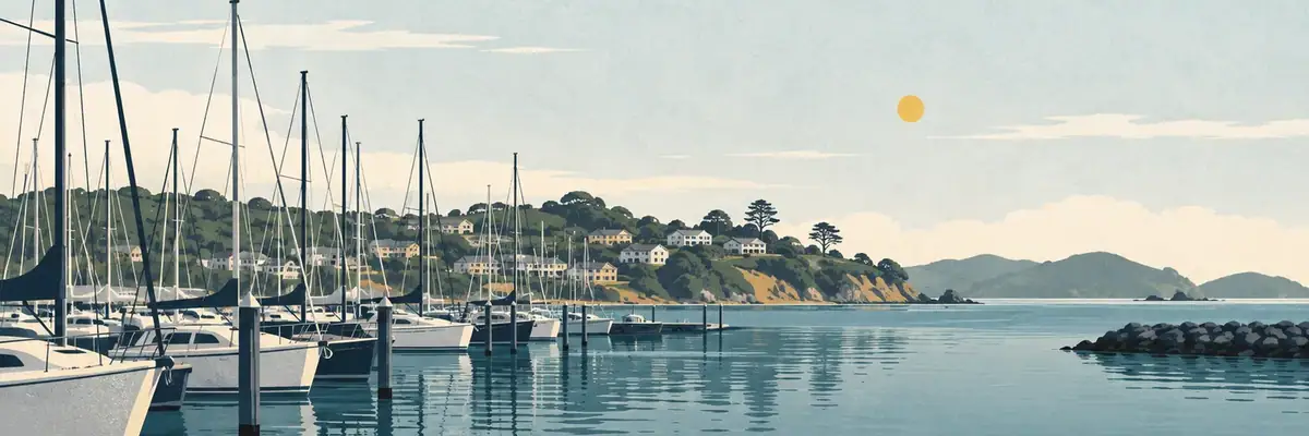 Screen-print illustration of Pine Harbour Marina and its sheltered eastern harbour basin, Beachlands-Pine Harbour