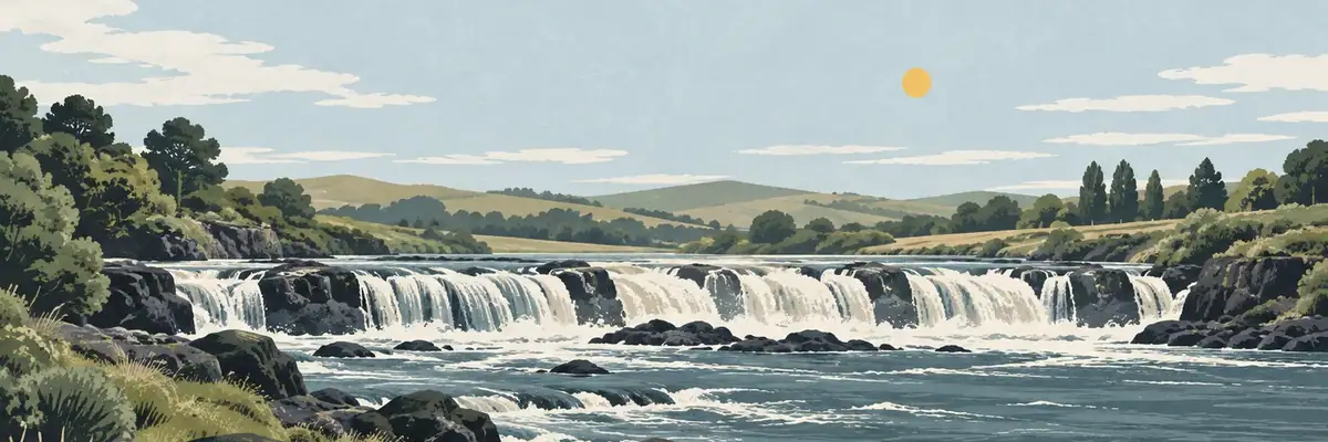 Screen-print illustration of Mataura Falls