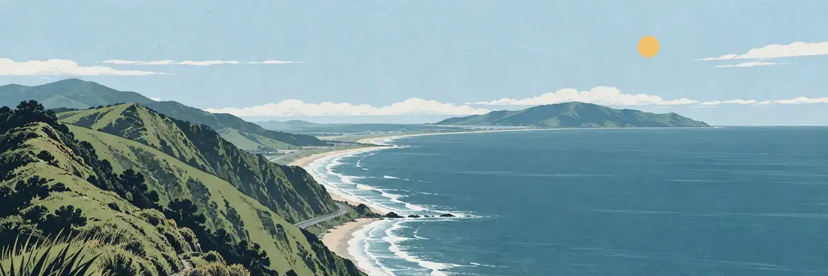 Screen-print illustration of the Paekākāriki Escarpment coastline, Kapiti Coast District