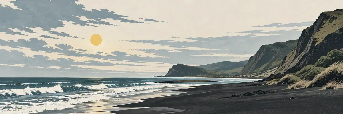 Screen-print illustration of the black sands and weathered coastal bluffs of Sunset Beach, Waikato District