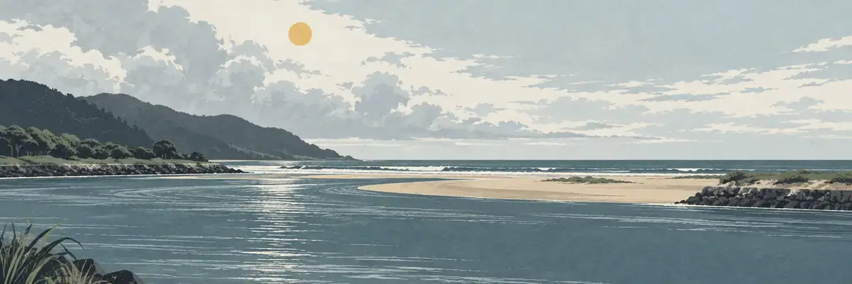 Screen-print illustration of the Grey River bar, Greymouth