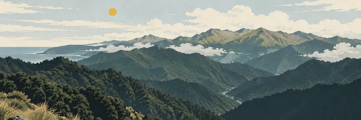 Screen-print illustration of the remote forested ridges and tussock peaks of the Raukūmara Ranges, Gisborne