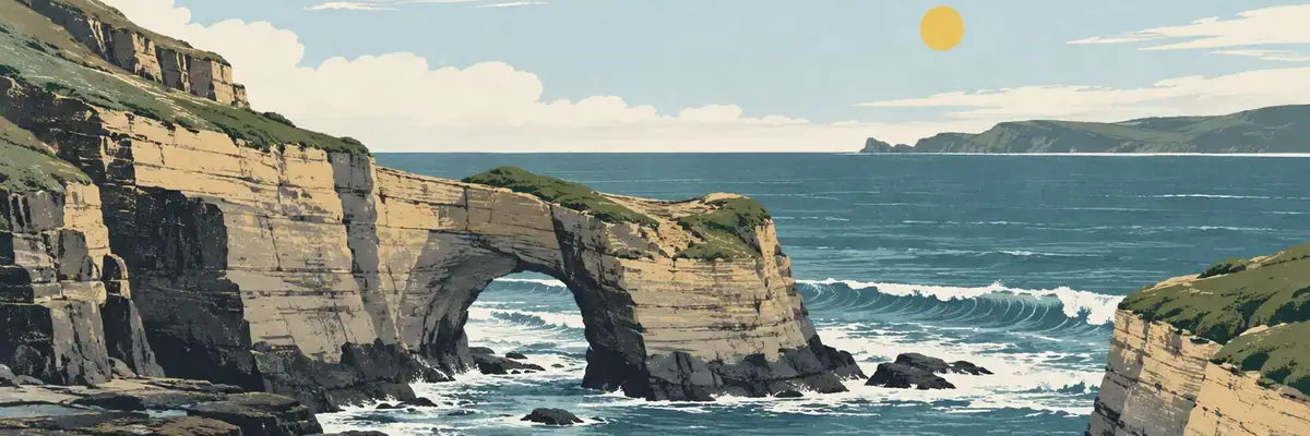 Screen-print illustration of Tunnel Beach sea arch, Dunedin City