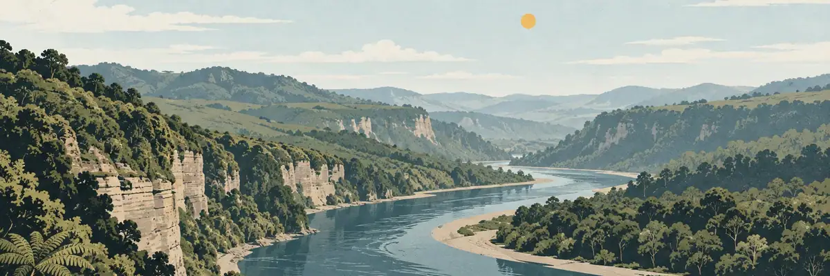 Screen-print illustration of the Whanganui River upper valley