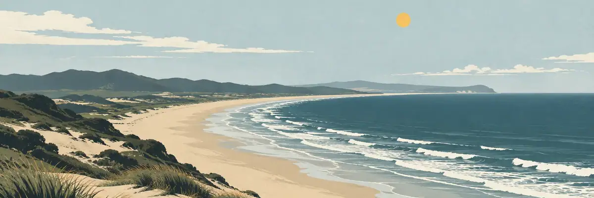 Screen-print illustration of the southern end of Ninety Mile Beach at Ahipara