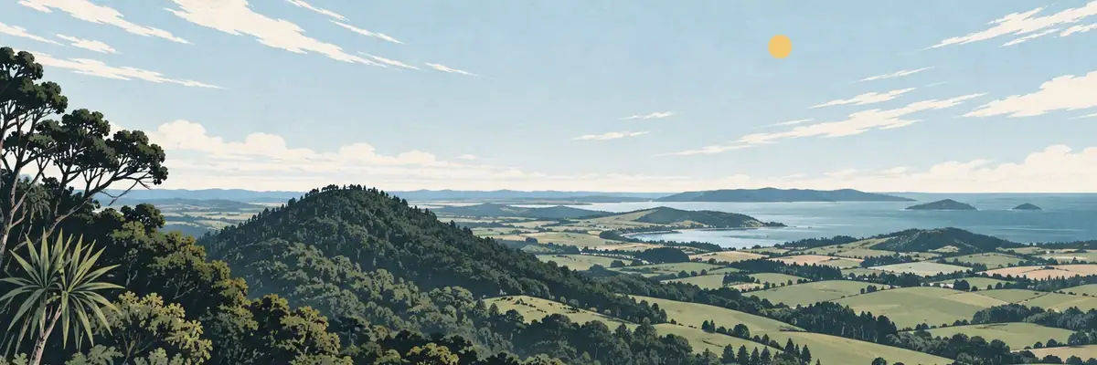Screen-print illustration of the high forest ridge and lookout above Wellsford