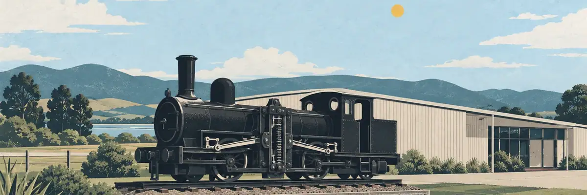 Screen-print illustration of the Fell locomotive H199 at Fell Locomotive Museum, Featherston