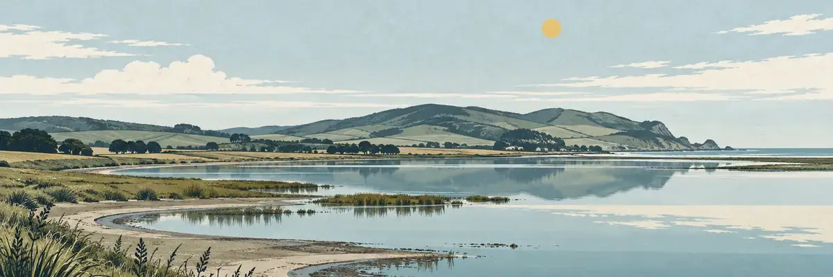 Screen-print illustration of Hawksbury Lagoon, Waikouaiti