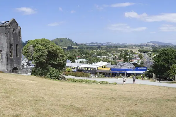 Cornish Pumphouse and panorama view to town, Waihi, New Zealand